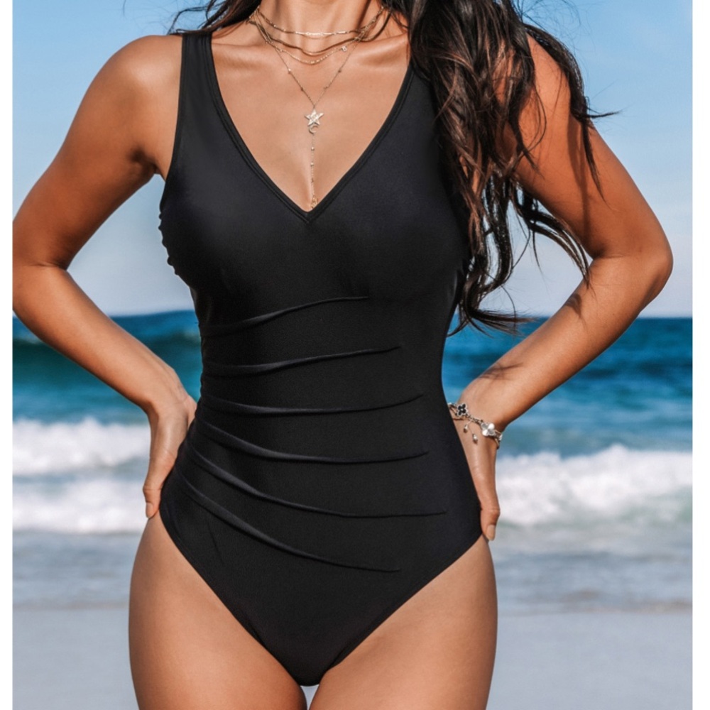 NWT - Cupshe Black V-Neck One-Piece Swimsuit